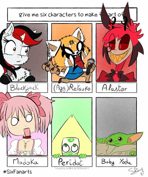 Size: 1005x1200 | Tagged: safe, artist:shinycyan, derpibooru import, oc, oc:blackjack, cyborg, unicorn, fallout equestria, fallout equestria: project horizons, six fanarts, aggretsuko, alastor, baby yoda, crossover, fanfic art, hazbin hotel, horn, madoka kaname, magical girl, peridot (steven universe), puella magi madoka magica, retsuko, sanrio, small horn, star wars, steven universe, the mandalorian