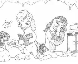 Size: 1540x1272 | Tagged: safe, artist:parallel black, derpibooru import, pinkie pie, rarity, alternate hairstyle, baking, batter, book, bowl, cooking, food, ingredients, kitchen, messy, mixing bowl, monochrome, reading, reference, sketch, the simpsons, traditional art