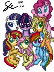 Size: 1080x1440 | Tagged: safe, artist:starflashing twinkle, derpibooru import, applejack, fluttershy, pinkie pie, rainbow dash, rarity, sci-twi, sunset shimmer, twilight sparkle, ponified, earth pony, pegasus, pony, unicorn, equestria girls, bedroom eyes, cowboy hat, cutie mark, equestria girls ponified, eye, eyes, glasses, group photo, hat, humane five, humane seven, humane six, open mouth, photo, simple background, smiley face, tail, unicorn sci-twi, white background, wings