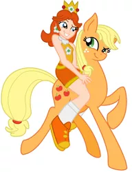 Size: 1214x1577 | Tagged: safe, artist:catsoulrialia, artist:user15432, derpibooru import, applejack, earth pony, human, pony, apple daisy, base used, clothes, crossover, crown, duo, ear piercing, earring, equestria girls style, female, human and pony, humans riding ponies, image, jewelry, mare, nintendo, piercing, png, pony ride, princess daisy, regalia, riding, shoes, socks, sports outfit, super mario bros., tennis shoe, tennis shoes