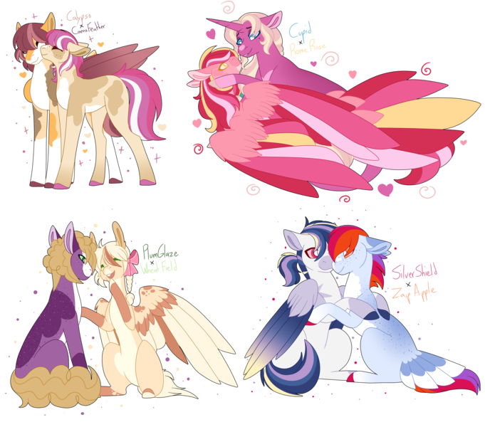 Size: 5000x4407 | Tagged: safe, artist:clay-bae, derpibooru import, oc, oc:calypso, oc:camo feather, oc:cupid, oc:rome rose, oc:silver shield, oc:wheat field, oc:zap apple, earth pony, hybrid, mule, pegasus, pony, unicorn, absurd resolution, female, magical gay spawn, magical lesbian spawn, male, mare, offspring, parent:apple bloom, parent:applejack, parent:big macintosh, parent:diamond tiara, parent:pipsqueak, parent:prince blueblood, parent:princess cadance, parent:rainbow dash, parent:scootaloo, parent:shining armor, parents:appledash, parents:bluemac, parents:diamondbloom, parents:scootasqueak, parents:shiningcadance, simple background, stallion, tail feathers, transparent background