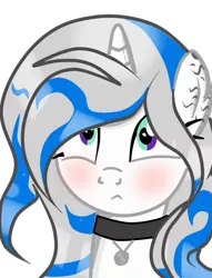 Size: 717x940 | Tagged: safe, artist:applerougi, derpibooru import, oc, oc:blue tiger, pony, unicorn, blushing, bust, female, mare, portrait, simple background, solo, transparent background