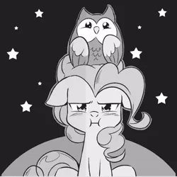 Size: 751x751 | Tagged: safe, derpibooru import, edit, seven seas, pinkie pie, bird, earth pony, owl, pony, my little pony: the manga, spoiler:manga, spoiler:manga 2, monochrome, stars