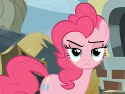 Size: 450x341 | Tagged: cropped, derpibooru import, edit, edited screencap, glare, inverted mouth, looking at you, pinkie pie, pinkie pie is not amused, safe, screencap, solo, the lost treasure of griffonstone, unamused