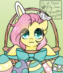 Size: 650x750 | Tagged: safe, artist:thanhvy15599, derpibooru import, fluttershy, pegasus, pony, basket, bow, bunny ears, commission, cute, ear fluff, easter, easter basket, easter egg, egg, eye clipping through hair, heart eyes, holiday, shyabetes, solo, wingding eyes, ych example, your character here