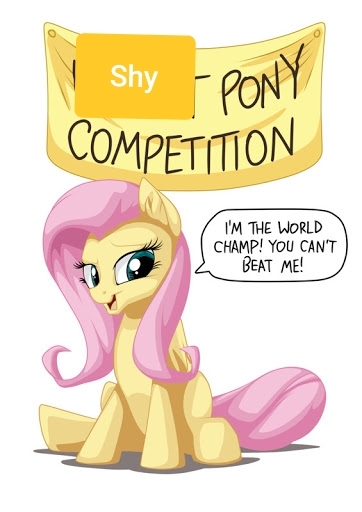 Size: 362x512 | Tagged: safe, artist:mysticalpha, derpibooru import, edit, fluttershy, pegasus, pony, 1000 hours in ms paint, banner, cheating, competition, cute, dialogue, everything is fixed, shyabetes, sitting, talking to viewer, text, world champ