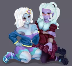 Size: 1280x1174 | Tagged: suggestive, artist:jennobasilicum, derpibooru import, sugarcoat, trixie, equestria girls, armpits, breasts, busty sugarcoat, busty trixie, cleavage, clothes, crystal prep academy uniform, duo, duo female, female, females only, gray background, open clothes, school uniform, serious, serious face, sexy, simple background, smiling, stupid sexy sugarcoat, stupid sexy trixie