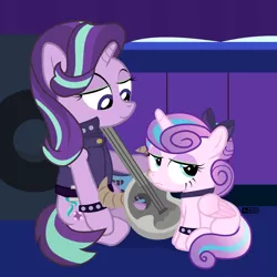 Size: 1000x1000 | Tagged: safe, artist:dm29, derpibooru import, princess flurry heart, starlight glimmer, alicorn, pony, unicorn, bow, collar, duo, edgelight glimmer, female, filly, filly flurry heart, goth, guitar, hair bow, lidded eyes, mare, musical instrument, older, older flurry heart, princess emo heart, speaker