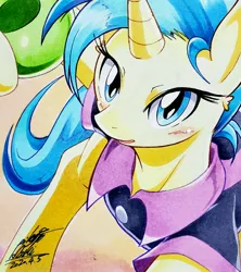 Size: 1819x2048 | Tagged: safe, artist:025aki, derpibooru import, allie way, pony, unicorn, blushing, bowling ball, bowling pin, clothes, female, looking at you, mare, solo, traditional art