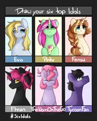 Size: 2000x2500 | Tagged: safe, artist:dreamy, artist:littledreamycat, derpibooru import, oc, oc:evo, oc:maple blush, oc:pinku, oc:screaming heart, oc:sugar skull, earth pony, pony, unicorn, six fanarts, bust, earth pony oc, fanart, horn, six idols, unicorn oc