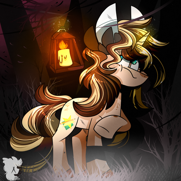 Size: 1600x1600 | Tagged: safe, artist:jxst-starly, derpibooru import, oc, oc:em, unofficial characters only, unicorn, art trade, bush, candle, dark, fire, fog, forest, grass, horn, lantern, leaves, light, magic, pitch black, solo, sunset, tree, unicorn oc