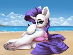 Size: 4000x3000 | Tagged: suggestive, artist:hitbass, artist:skitsniga, derpibooru import, rarity, beach, clothes, dock, female, females only, mare, ocean, panties, sexy, solo, summer, swimsuit, underwear