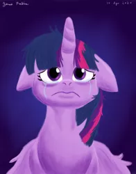 Size: 1100x1400 | Tagged: safe, artist:rockhoppr3, derpibooru import, twilight sparkle, twilight sparkle (alicorn), alicorn, pony, crying, floppy ears, messy mane, sad, simple background, solo, teary eyes