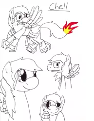 Size: 2550x3300 | Tagged: safe, artist:jarcup, derpibooru import, ponified, pegasus, pony, amputee, bandage, fire, frown, lineart, partial color, portal (valve), prosthetic limb, prosthetics, scared, smiling, traditional art