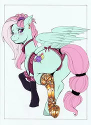 Size: 2462x3379 | Tagged: suggestive, artist:longinius, color edit, derpibooru import, edit, kerfuffle, pegasus, pony, amputee, blushing, butt, choker, clothes, colored, corset, dock, ear piercing, earring, female, frilly underwear, heart eyes, jewelry, lingerie, lip bite, looking at you, looking back, looking back at you, mare, panties, piercing, plot, prosthetic leg, prosthetic limb, prosthetics, purple underwear, rear view, ribbon, simple background, socks, solo, solo female, stockings, stupid sexy kerfuffle, thigh highs, underhoof, underwear, white background, wingding eyes