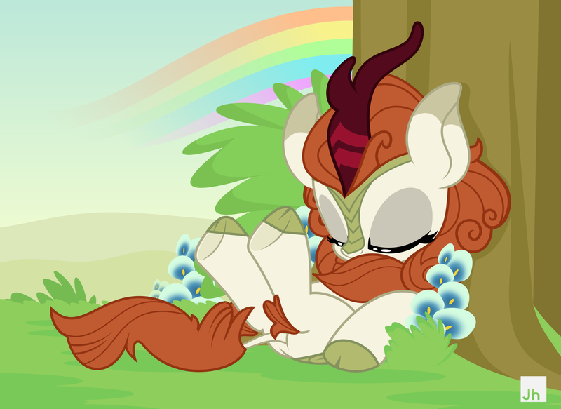 Size: 2500x1822 | Tagged: artist:jhayarr23, autumn blaze, awwtumn blaze, cute, derpibooru import, eyes closed, female, flower, foal's breath, kirin, on back, rainbow, safe, sitting, sleeping, solo, tree, under the tree