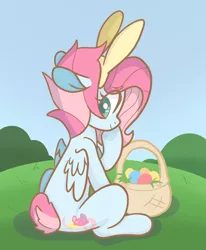 Size: 2308x2805 | Tagged: safe, artist:lullabyprince, artist:sayamoe, deleted from derpibooru, derpibooru import, oc, unofficial characters only, pegasus, pony, base used, basket, bunny ears, cutie mark, easter, easter basket, easter egg, eye clipping through hair, female, holiday, mare, scenery, sitting, smiling, solo