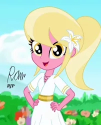 Size: 850x1050 | Tagged: safe, artist:rjp.rammy, derpibooru import, lily, lily valley, equestria girls, alternate hairstyle, belt, clothes, equestria girls-ified, female, flower, flower in hair, open mouth, shirt, skirt, solo