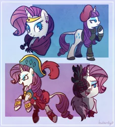 Size: 1280x1411 | Tagged: safe, artist:featherrfly, derpibooru import, rarity, pony, unicorn, my little pony: the movie, rarity investigates, sweet and elite, the best night ever, abstract background, beatnik rarity, beret, bust, clothes, cute, dress, fascinator, female, gala dress, hat, leonine tail, mare, multeity, no pupils, open mouth, outfit catalog, pirate, pirate hat, pirate rarity, portrait, raribetes, smiling, solo, sweater