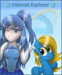 Size: 5000x6000 | Tagged: safe, artist:thevintagepone, derpibooru import, oc, oc:internet explorer, ponified, earth pony, human, pony, browser ponies, duo, finger gun, human and pony, internet explorer, one eye closed, wink