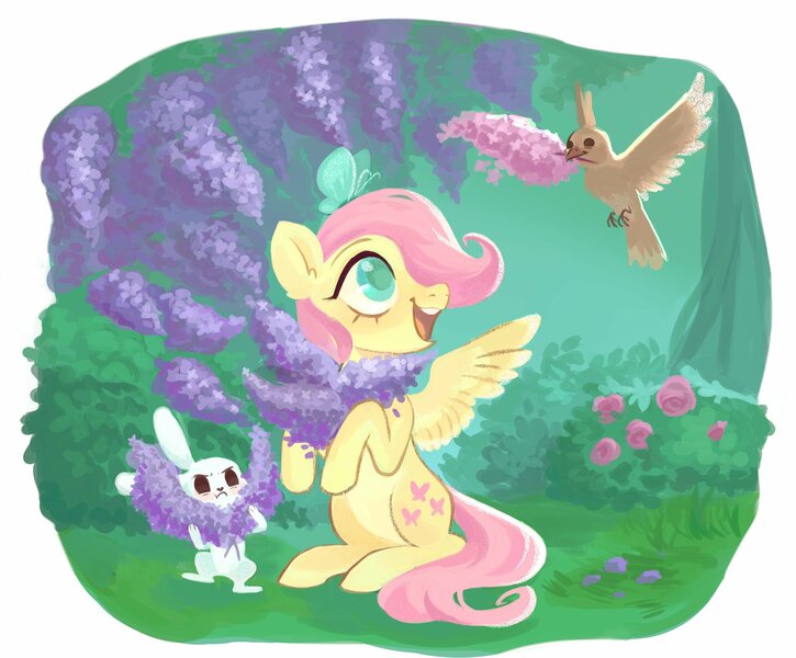 Size: 3018x2498 | Tagged: safe, artist:switchsugar, derpibooru import, angel bunny, fluttershy, bird, butterfly, pegasus, pony, angelbetes, beak hold, bush, colored pupils, cute, female, filly, filly fluttershy, flower, high res, hoof hold, lavender, looking at something, looking up, open mouth, outdoors, rose bush, shyabetes, sitting, sitting on head, solo, spread wings, spring, wings, younger
