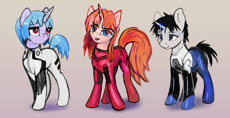 Size: 6190x3182 | Tagged: safe, artist:xbi, derpibooru import, ponified, pony, unicorn, bodysuit, crossover, female, gradient background, looking at you, male, mare, neon genesis evangelion, plugsuit, rei ayanami, shinji ikari, souryuu asuka langley, stallion, trio