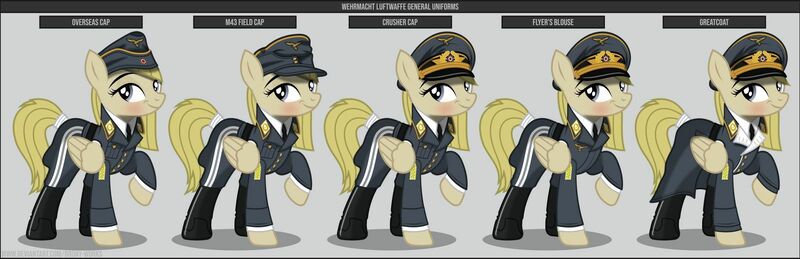 Size: 1600x517 | Tagged: safe, artist:brony-works, derpibooru import, oc, unofficial characters only, earth pony, pegasus, pony, boots, clothes, earth pony oc, eyelashes, female, general, hat, helmet, luftwaffe, mare, nazi, nazi germany, raised hoof, reference sheet, shoes, simple background, smiling, solo, uniform, world war ii