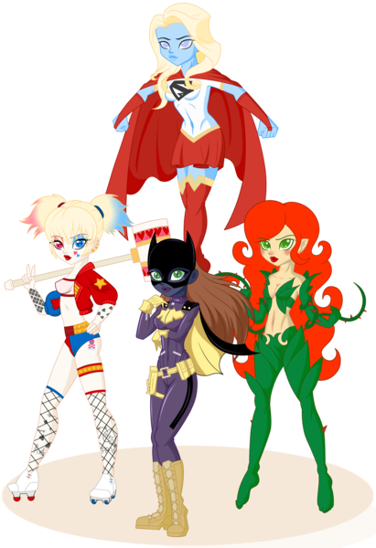 Size: 2600x3792 | Tagged: safe, artist:j053ph-d4n13l, derpibooru import, oc, oc:barbat gordon, oc:har-harley queen, oc:kara krypta, oc:poison ivy (ice1517), unofficial characters only, equestria girls, abs, belly button, belt, blushing, boots, bra, cape, clothes, commission, crop top bra, ear piercing, earring, equestria girls-ified, eyeshadow, female, fishnets, gloves, hammer, heart eyes, heterochromia, jacket, jersey, jewelry, leather jacket, lipstick, makeup, mallet, mask, midriff, multicolored hair, pants, peace sign, piercing, pouch, roller skates, shirt, shoes, shorts, simple background, skirt, t-shirt, tattoo, transparent background, underwear, vine, wingding eyes