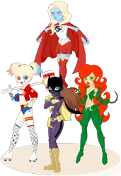 Size: 2600x3792 | Tagged: safe, artist:j053ph-d4n13l, derpibooru import, oc, oc:barbat gordon, oc:har-harley queen, oc:kara krypta, oc:poison ivy (ice1517), unofficial characters only, equestria girls, abs, belly button, belt, blushing, boots, bra, cape, clothes, commission, crop top bra, ear piercing, earring, equestria girls-ified, eyeshadow, female, fishnets, gloves, hammer, heart eyes, heterochromia, jacket, jersey, jewelry, leather jacket, lipstick, makeup, mallet, mask, midriff, multicolored hair, pants, peace sign, piercing, pouch, roller skates, shirt, shoes, shorts, simple background, skirt, t-shirt, tattoo, transparent background, underwear, vine, wingding eyes