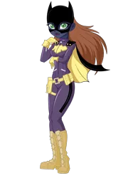 Size: 1700x2187 | Tagged: safe, artist:j053ph-d4n13l, derpibooru import, oc, oc:barbat gordon, unofficial characters only, equestria girls, belt, boots, breasts, cape, clothes, commission, equestria girls-ified, female, gloves, jacket, leather jacket, lipstick, mask, pants, pouch, shoes, simple background, solo, transparent background
