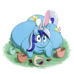 Size: 2000x2000 | Tagged: suggestive, artist:jailriot, derpibooru import, minuette, pony, unicorn, basket, belly, big belly, bingo wings, both cutie marks, bunny ears, bunny tail, caught, cheek fluff, chest fluff, crumbs, double chin, ear fluff, easter, fat, fat fetish, female, fetish, high res, holiday, huge belly, impossibly large belly, looking at you, mare, obese, rolls of fat, shrunken pupils, simple background, solo, transparent background, wrapper