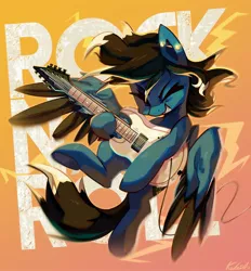 Size: 2040x2200 | Tagged: safe, artist:kaleido-art, artist:paintedkaleido, derpibooru import, oc, oc:livewire, unofficial characters only, pegasus, pony, colored wings, commission, ear piercing, earring, electric guitar, eyes closed, female, guitar, industrial piercing, jewelry, mare, multicolored wings, musical instrument, piercing, playing instrument, smiling, solo, spread wings, two toned wings, wings