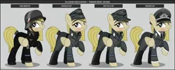 Size: 1280x512 | Tagged: safe, artist:brony-works, derpibooru import, oc, unofficial characters only, earth pony, pony, boots, clothes, earth pony oc, eyelashes, female, hat, helmet, hermann göring division, luftwaffe, mare, nazi, nazi germany, raised hoof, reference sheet, shoes, smiling, solo, uniform, world war ii