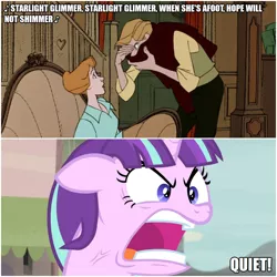 Size: 1000x1000 | Tagged: safe, derpibooru import, edit, edited screencap, editor:thor-disciple, screencap, starlight glimmer, pony, unicorn, the cutie map, 101 dalmatians, anita radcliffe, caption, image macro, quiet, ragelight glimmer, roger radcliffe, singing, song, song parody, text, yelling