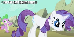 Size: 992x500 | Tagged: safe, derpibooru import, edit, edited screencap, screencap, rarity, spike, dragon, pony, unicorn, a dog and pony show, caption, female, image macro, june pointer, little boy sweet, magic, male, national lampoon's vacation, shipping, singing, song, sparity, straight, text