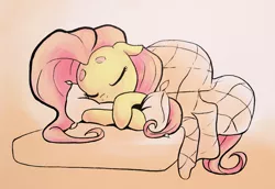 Size: 1600x1098 | Tagged: artist needed, safe, artist:hippykat13, color edit, derpibooru import, edit, editor:hippykat13, fluttershy, pegasus, pony, /mlp/, 4chan, beanbrows, bed, blanket, colored, cute, drawthread, eyebrows, eyes closed, female, floppy ears, mare, on bed, pillow, prone, shyabetes, sleeping, solo
