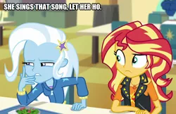 Size: 772x500 | Tagged: suggestive, derpibooru import, edit, edited screencap, screencap, sunset shimmer, trixie, equestria girls, caption, cropped, duo focus, elsa, frozen, frozen (movie), image macro, meme, text