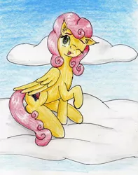 Size: 2198x2785 | Tagged: safe, artist:40kponyguy, derpibooru import, strawberry sunrise, pegasus, cloud, cute, ear fluff, looking at you, one eye closed, raised hoof, requested art, sitting, solo, tongue out, traditional art