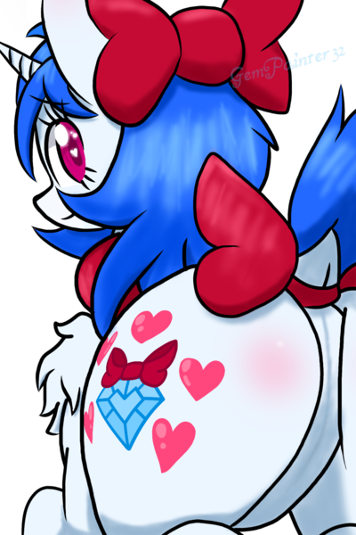 Size: 1000x1500 | Tagged: suggestive, artist:gempainter32, derpibooru import, oc, oc:diamond nella, unofficial characters only, pony, unicorn, adorasexy, blue hair, blushing, bow, butt, butt blush, chest fluff, clothes, cute, cutie mark, diamond, dock, ear blush, featureless crotch, female, hair bow, heart, heart eyes, ibispaint x, looking at you, looking back, looking back at you, magenta eyes, mare, ocbetes, outline, presenting, scarf, sexy, simple background, solo, tail bow, transparent background, white outline, wingding eyes