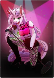 Size: 1001x1433 | Tagged: safe, artist:pastel-pony-pictures, deleted from derpibooru, derpibooru import, sweetie belle, anthro, plantigrade anthro, unicorn, boots, breasts, busty sweetie belle, clothes, digital art, ear piercing, female, fishnets, high heel boots, industrial piercing, mare, microphone, older, older sweetie belle, piercing, shoes, singing, solo, tongue piercing