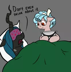 Size: 516x520 | Tagged: safe, artist:jellymaggot, derpibooru import, cozy glow, queen chrysalis, changeling, changeling queen, pegasus, pony, /mlp/, 4chan, bait and switch, blanket, bucket, description is relevant, dialogue, drawthread, female, filly, implied bedwetting, not a bedwetting meme, open mouth, pillow, pure concentrated unfiltered evil of the utmost potency, pure unfiltered evil, sleep mask