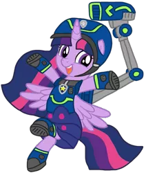 Size: 889x1049 | Tagged: safe, artist:徐詩珮, derpibooru import, twilight sparkle, twilight sparkle (alicorn), alicorn, pony, series:sprglitemplight diary, series:sprglitemplight life jacket days, series:springshadowdrops diary, series:springshadowdrops life jacket days, alternate universe, base used, chase (paw patrol), clothes, cute, happy, mechanical hands, paw patrol, simple background, spy chase (paw patrol), transparent background