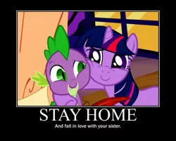 Size: 750x600 | Tagged: suggestive, derpibooru import, edit, edited screencap, screencap, spike, twilight sparkle, dragon, pony, unicorn, lesson zero, coronavirus, covid-19, demotivational poster, female, hol up, hoof around neck, hug, male, meme, night, not incest, quarantine, quill, shipping, social distancing, squishy cheeks, stay at home, straight, twispike, unicorn twilight