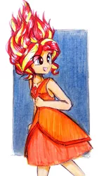 Size: 2146x3816 | Tagged: safe, artist:liaaqila, derpibooru import, sunset shimmer, equestria girls, adventure time, alternate hairstyle, clothes, dress, eye clipping through hair, female, fiery shimmer, fire, flame princess, smiling, solo