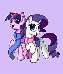 Size: 2200x2600 | Tagged: safe, artist:lollipony, artist:sadtrooper, derpibooru import, rarity, twilight sparkle, twilight sparkle (alicorn), alicorn, pony, unicorn, clothes, female, gray background, lesbian, mare, open mouth, rarilight, scarf, shipping, simple background, smiling