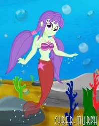 Size: 1632x2071 | Tagged: safe, artist:cyber-murph, derpibooru import, starlight, mermaid, equestria girls, background human, belly, belly button, coral, cute, cutie mark necklace, jewelry, mermaidized, midriff, necklace, pigtails, rock, seaweed, shell bra, species swap, twintails, underwater