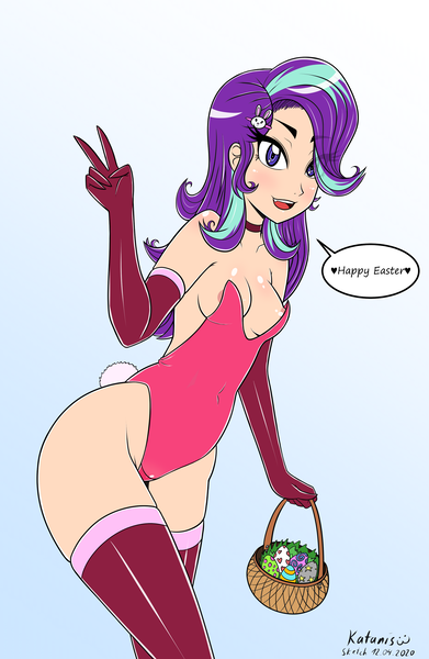 Size: 1630x2500 | Tagged: questionable, artist:katanis, derpibooru import, starlight glimmer, human, equestria girls, areola, areola slip, basket, breasts, bunny suit, clothes, easter, easter basket, easter egg, holiday, humanized, image, leotard, peace sign, png