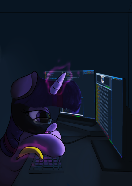 Size: 1200x1686 | Tagged: safe, artist:vultraz, derpibooru import, twilight sparkle, pony, unicorn, banana, computer screen, female, food, hacking, keyboard, levitation, magic, mare, ski mask, solo, telekinesis, unicorn twilight