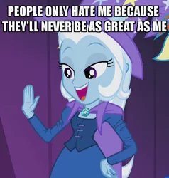 Size: 680x714 | Tagged: safe, derpibooru import, edit, edited screencap, screencap, rainbow dash, trixie, equestria girls, rainbow rocks, caption, cropped, ego, image macro, meme, narcissism, solo focus, text, trixie yells at everything