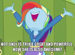 Size: 750x550 | Tagged: safe, derpibooru import, edit, edited screencap, screencap, trixie, best trends forever, equestria girls, equestria girls series, awesome, best trends forever: rainbow dash, caption, cropped, great and powerful, image macro, meme, multicolored hair, nose in the air, palette swap, rainbow hair, recolor, solo, text, trixie yells at everything